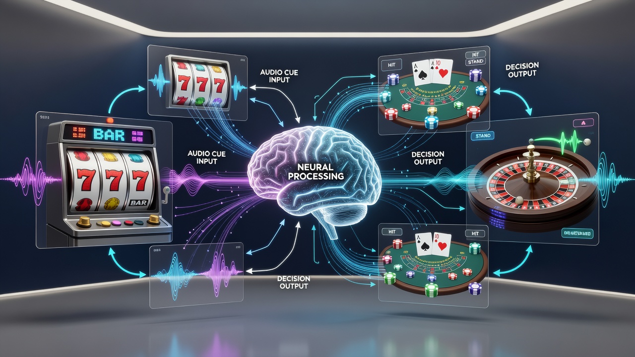 Close-up of digital poker table highlighting audio controls and decision buttons with waveform indicators