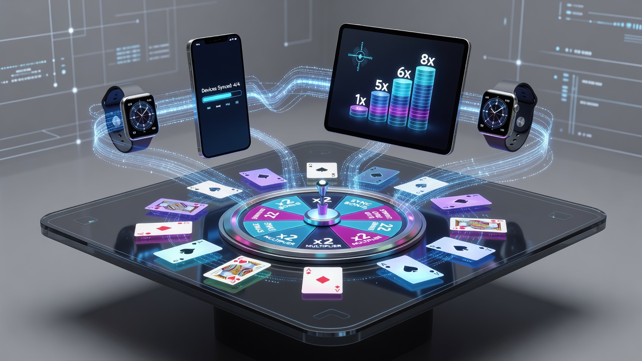 Illustration of synchronized virtual card table and wheel game interface across multiple devices showing multiplier indicators