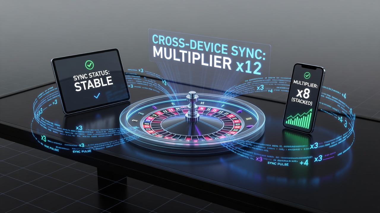 Diagram displaying server synchronization flow between mobile tablet and desktop interfaces in wheel-card hybrid games