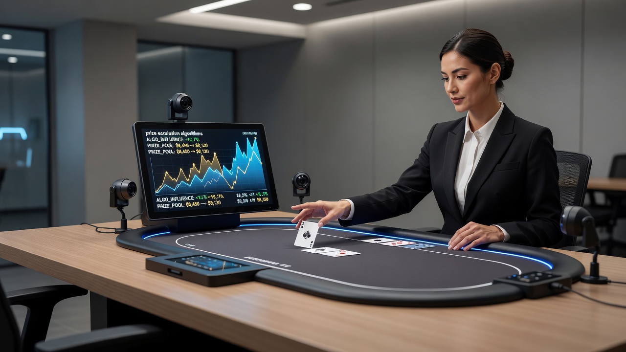 Portable live dealer poker setup on a tablet device displaying real-time prize pool growth and algorithmic metrics