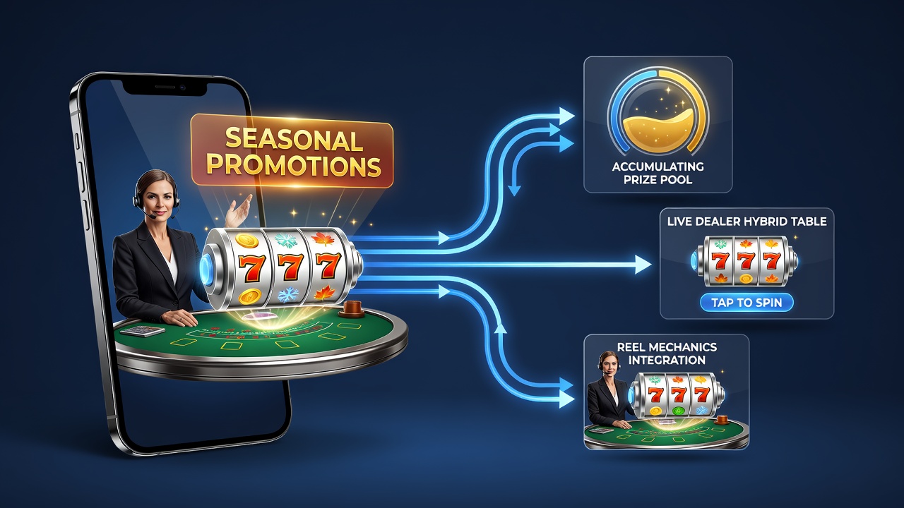 Mobile screen displaying seasonal promotion overlays on a live dealer blackjack table hybrid with reel mechanics and prize pool indicators