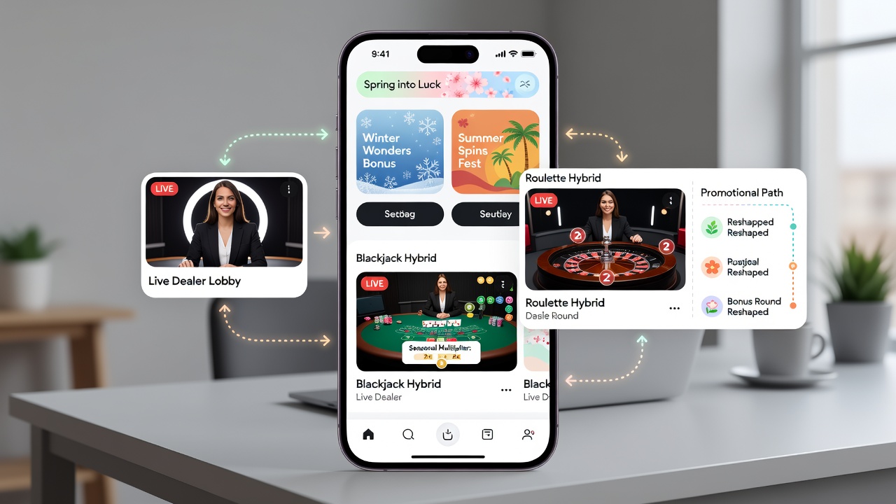 Tablet view of a hybrid live poker table interface with embedded reels and seasonal promotion navigation highlights