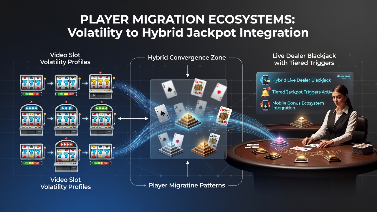 Visualization of player migration patterns across slot volatility levels and hybrid blackjack platforms with jackpot integrations