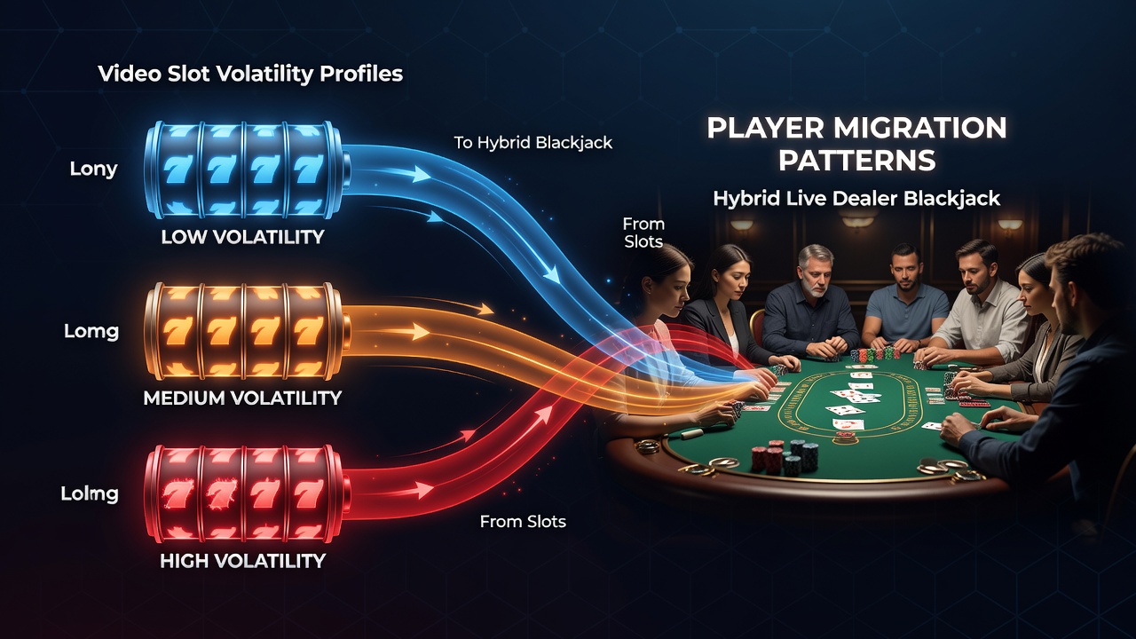 Diagram showing interconnected mobile bonus flows between slot volatility and hybrid blackjack jackpot systems