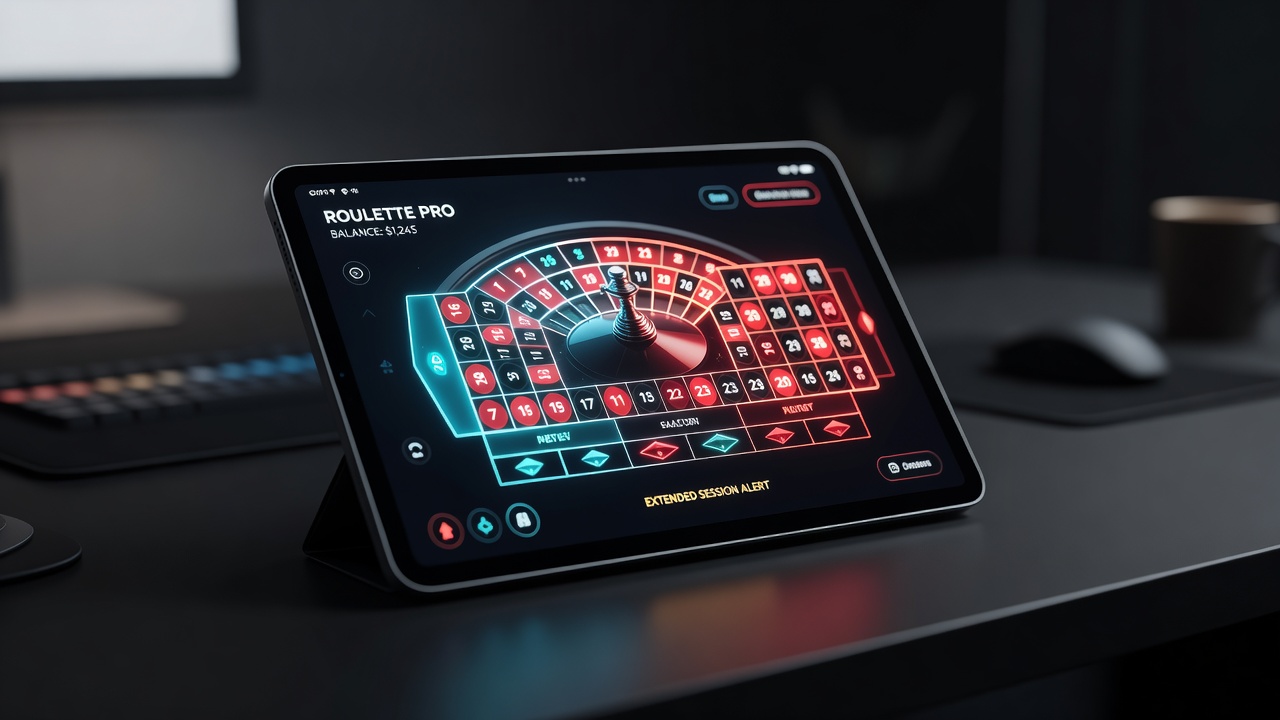 Tablet screen showing online roulette wheel with adaptive neon lighting and shifting color gradients during gameplay