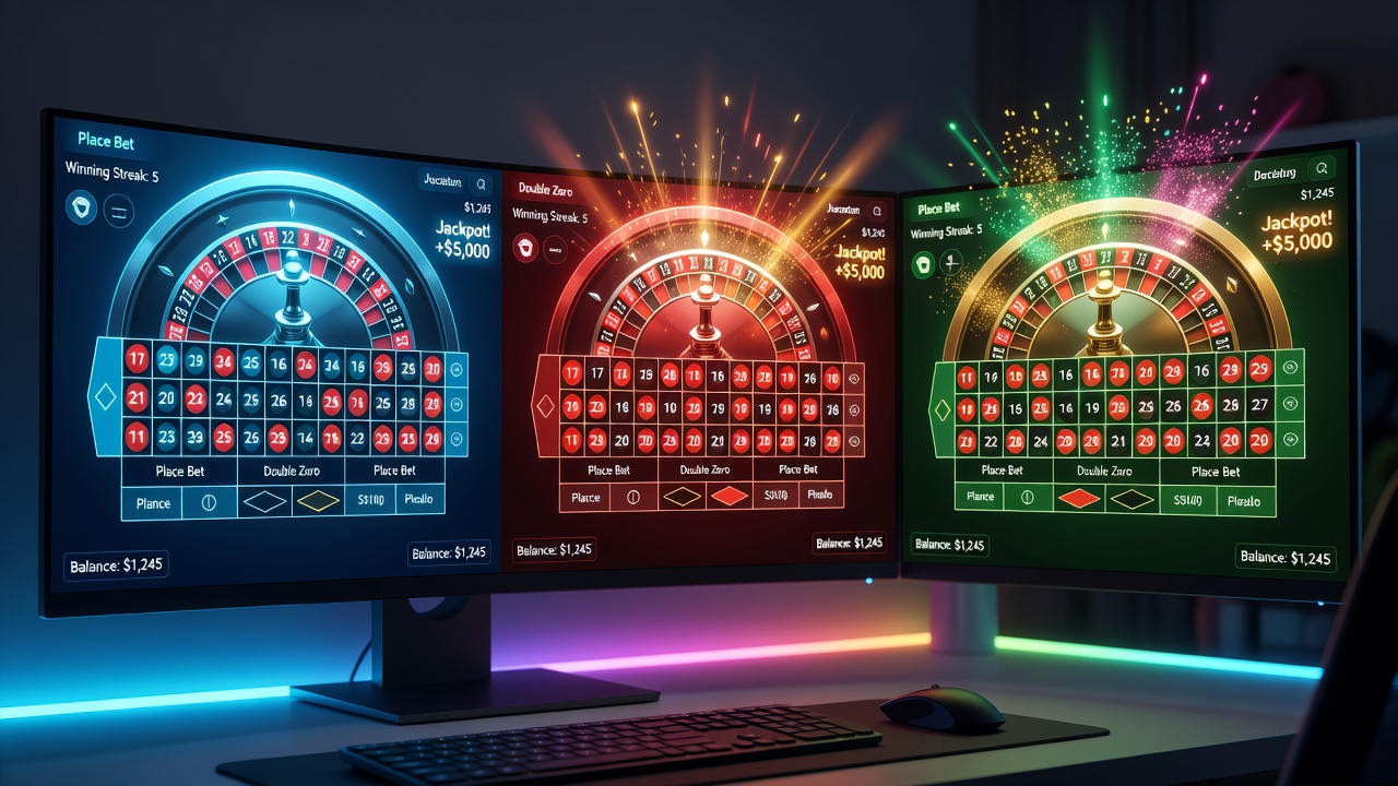 Close-up of roulette betting layout on tablet with warm-to-cool color transitions and soft lighting highlights on chips