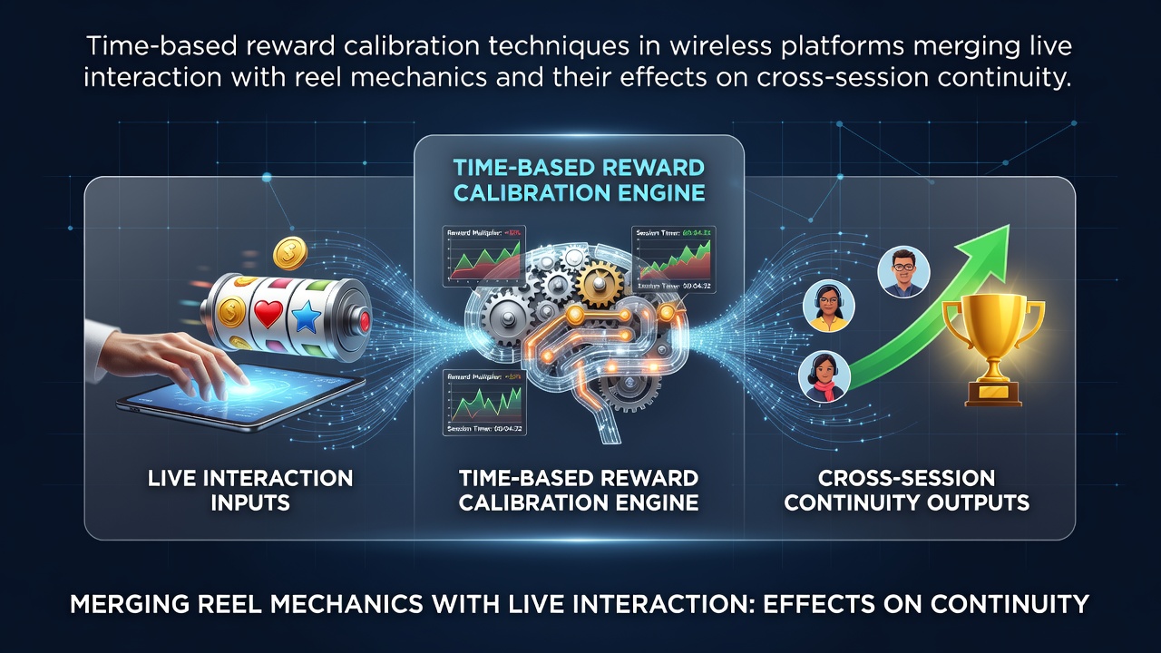 Wireless gaming interface showing synchronized live dealer elements and spinning reels with timer overlays