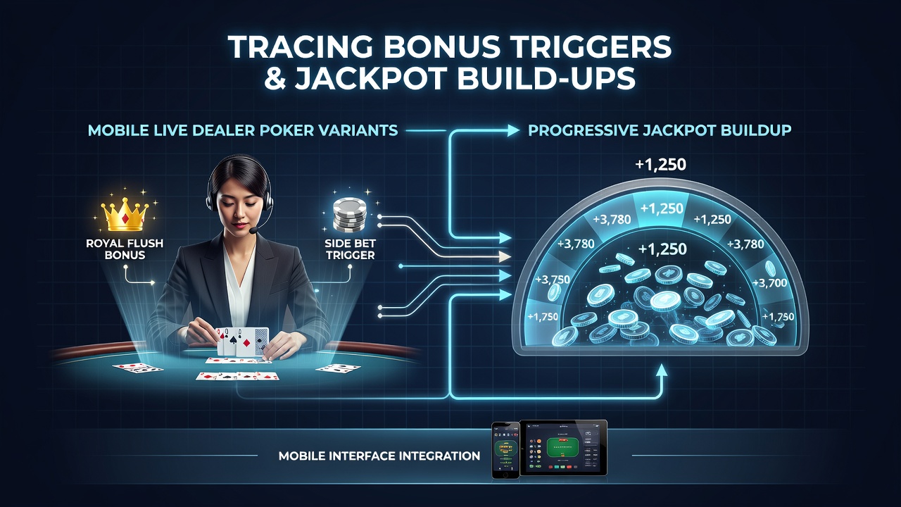 Mobile live dealer poker interface showing bonus trigger indicators and progressive jackpot meters on a smartphone screen