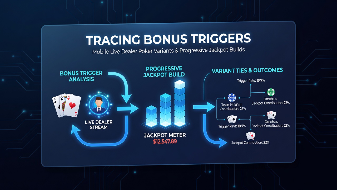 Live dealer poker table with overlaid mobile app graphics displaying progressive jackpot growth and bonus activation notifications